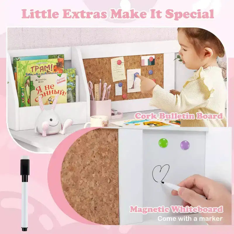 Bureau d'étude pour enfants, tableau blanc, marqueur, rehausse, meuble de rangement violet/blanc