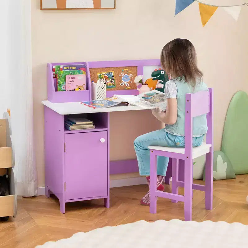 Bureau d'étude pour enfants, tableau blanc, marqueur, rehausse, meuble de rangement violet/blanc