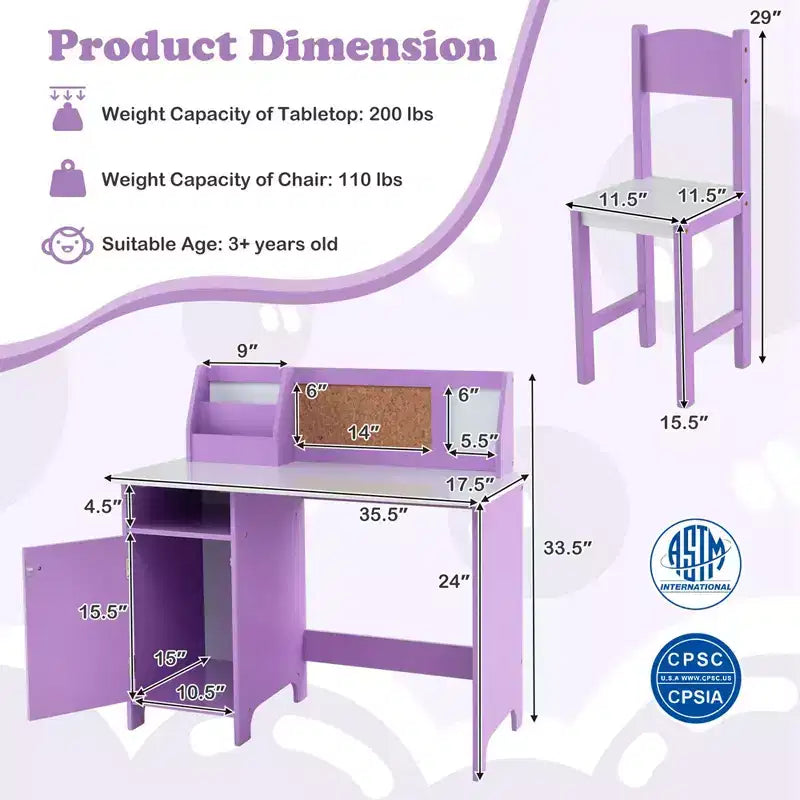 Bureau d'étude pour enfants, tableau blanc, marqueur, rehausse, meuble de rangement violet/blanc