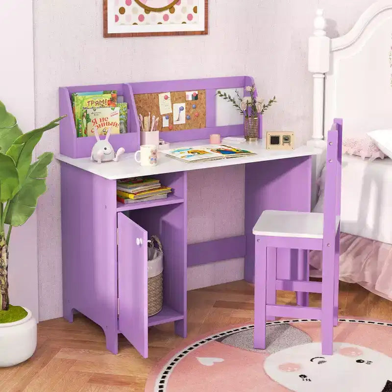 Bureau d'étude pour enfants, tableau blanc, marqueur, rehausse, meuble de rangement violet/blanc