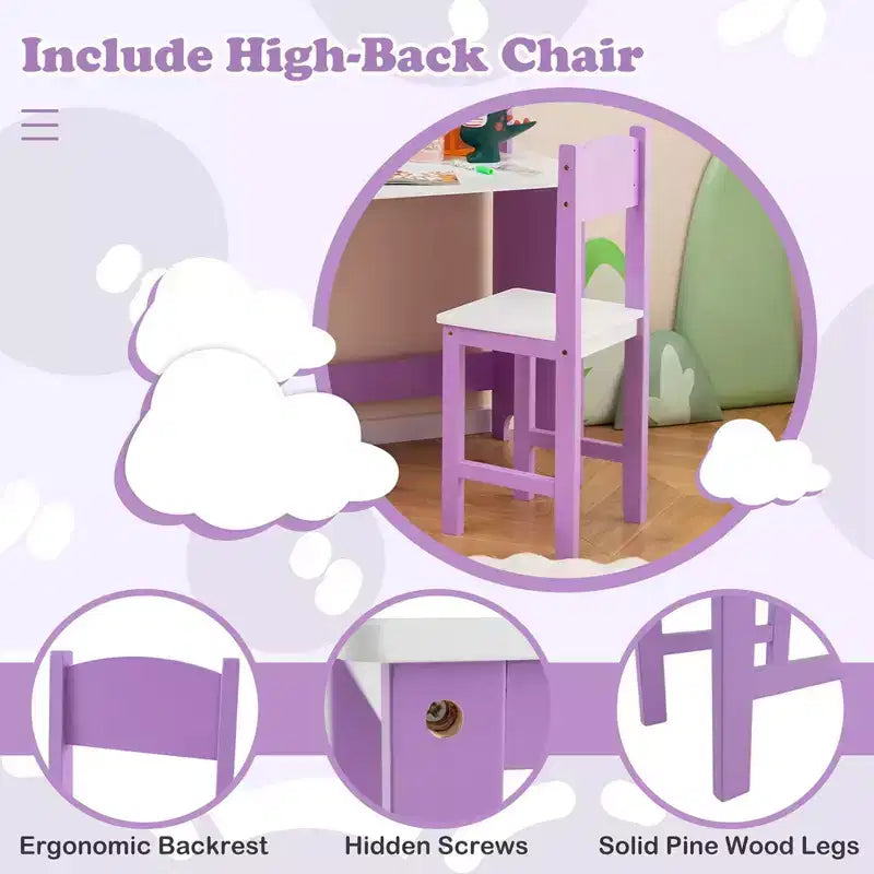 Bureau d'étude pour enfants, tableau blanc, marqueur, rehausse, meuble de rangement violet/blanc