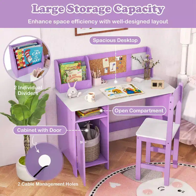 Bureau d'étude pour enfants, tableau blanc, marqueur, rehausse, meuble de rangement violet/blanc