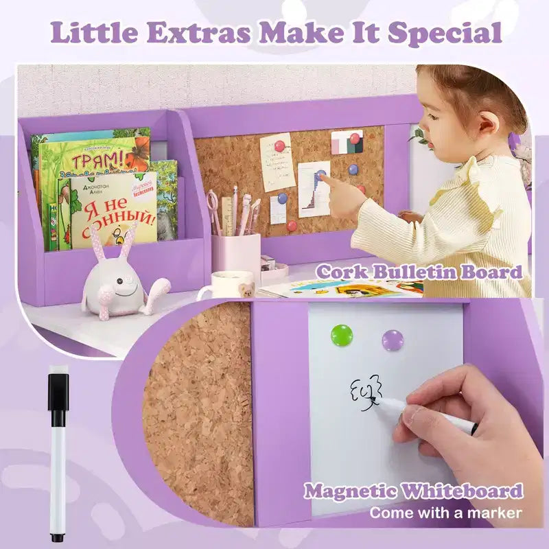 Bureau d'étude pour enfants, tableau blanc, marqueur, rehausse, meuble de rangement violet/blanc