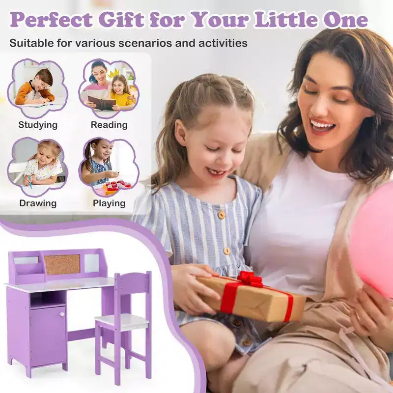 Bureau d'étude pour enfants, tableau blanc, marqueur, rehausse, meuble de rangement violet/blanc