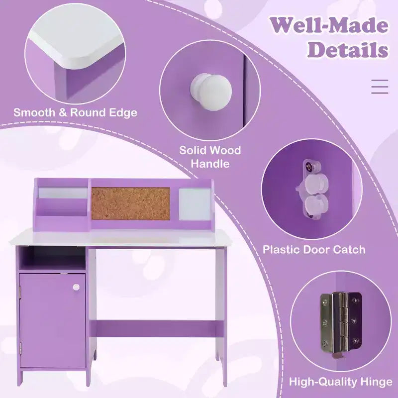 Bureau d'étude pour enfants, tableau blanc, marqueur, rehausse, meuble de rangement violet/blanc