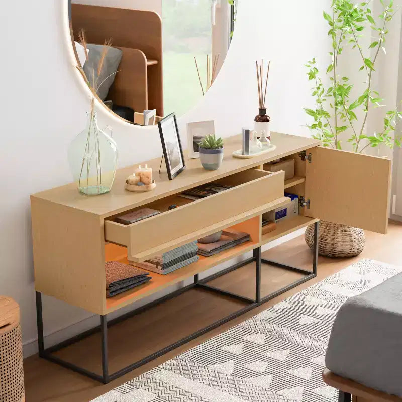 Meuble TV moderne à 1 tiroir pour téléviseurs jusqu'à 65 pouces avec lumières LED