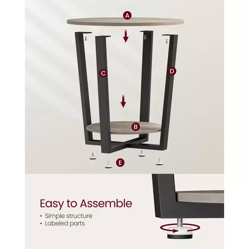 Table d'appoint, table de chevet ronde avec étagère de rangement, montage facile, meuble d'appoint industriel avec cadre en acier