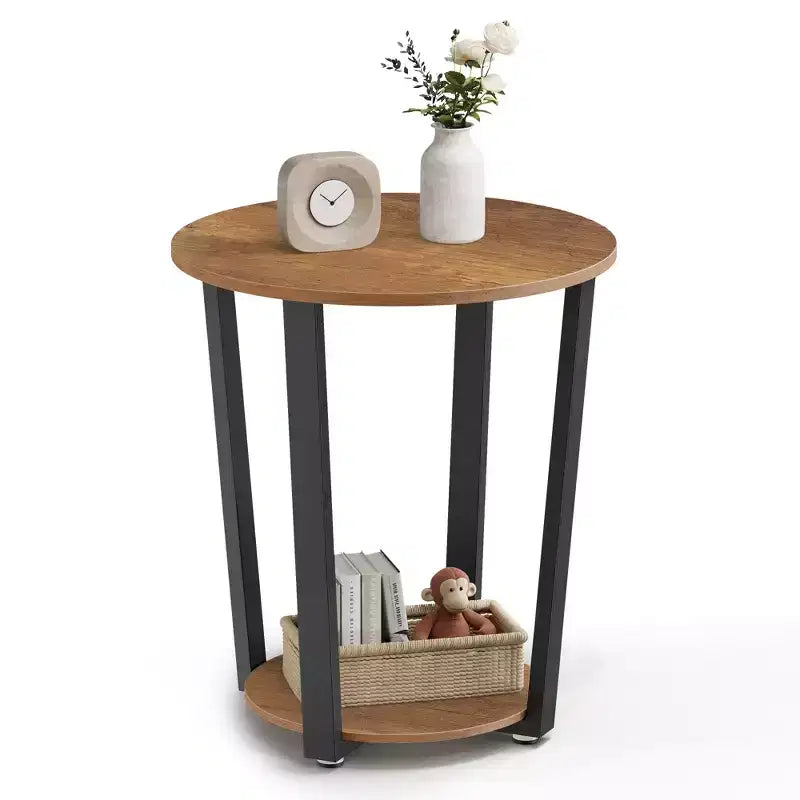 Table d'appoint, table de chevet ronde avec étagère de rangement, montage facile, meuble d'appoint industriel avec cadre en acier
