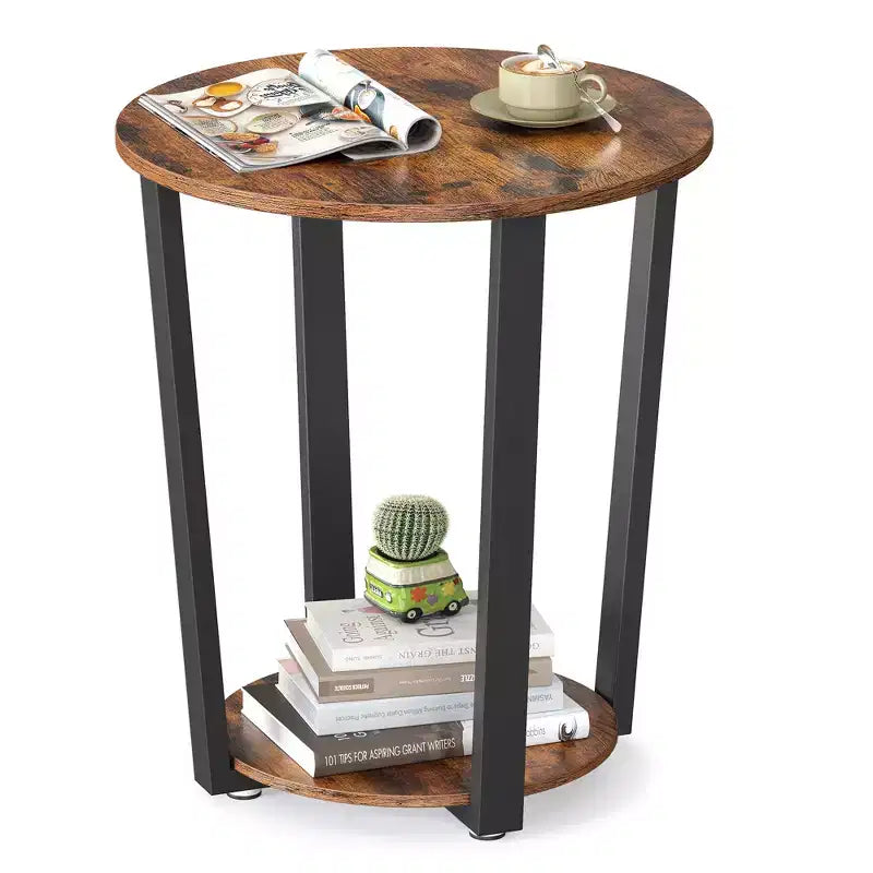 Table d'appoint, table de chevet ronde avec étagère de rangement, montage facile, meuble d'appoint industriel avec cadre en acier