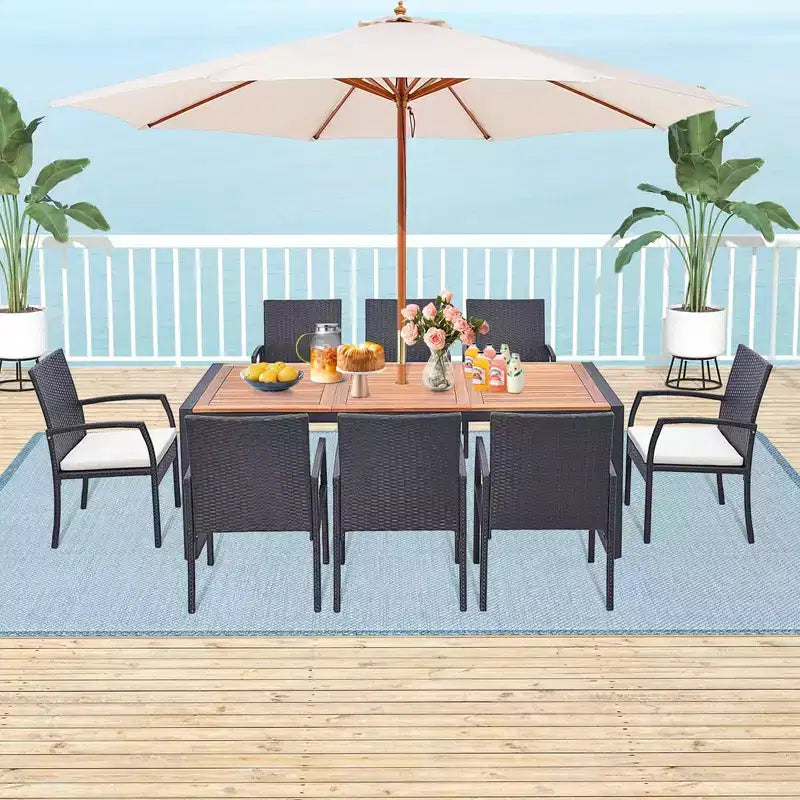 Costway 9 Pieces Patio Rattan Dining Set with Acacia Wood Table, 1.9 Umbrella Hole