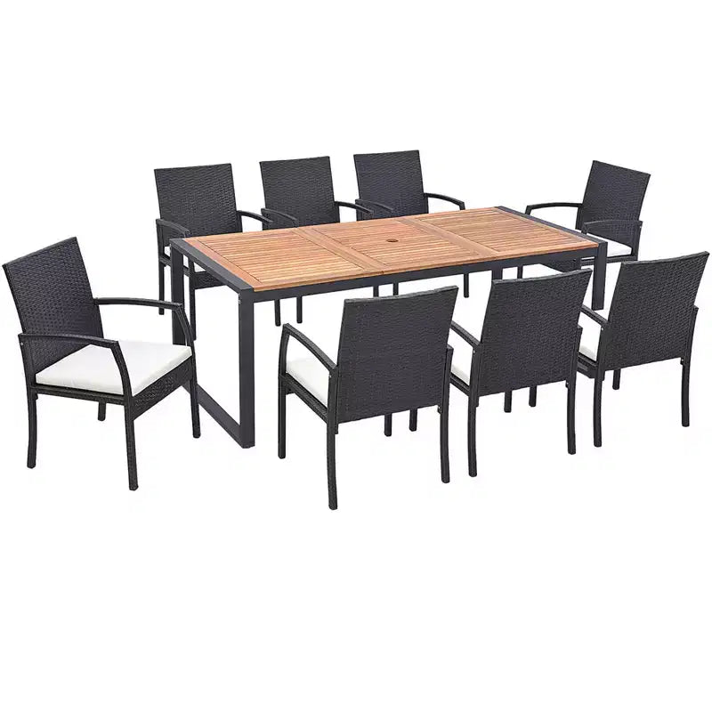 Ensemble de salle à manger 9 pièces en rotin Costway avec table en bois d'acacia, trou de parasol de 1,9 po