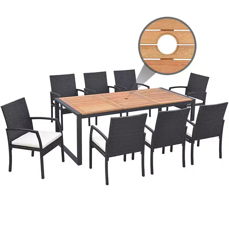 Ensemble de salle à manger 9 pièces en rotin Costway avec table en bois d'acacia, trou de parasol de 1,9 po