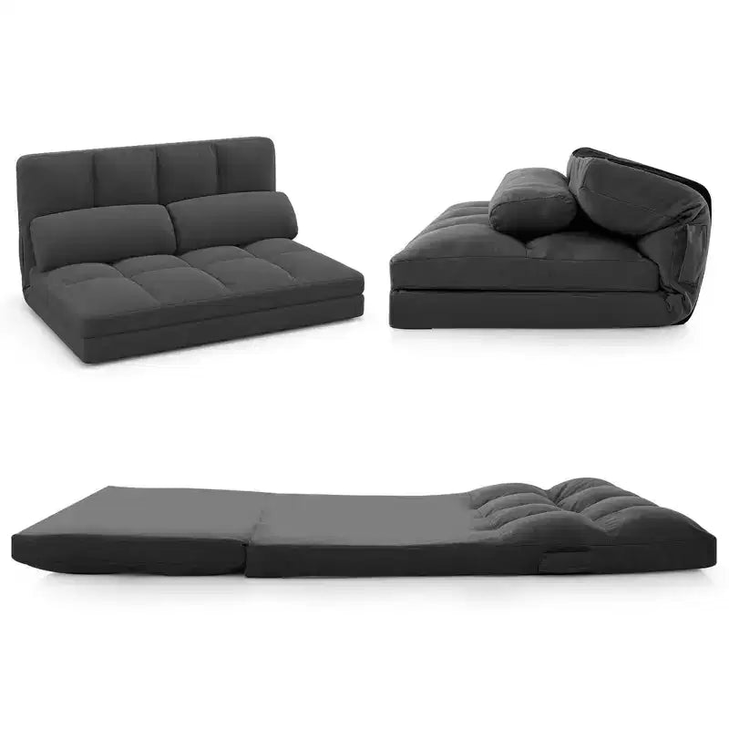 Canapé-lit de sol avec 2 oreillers, dossier réglable 6 positions, housse en velours gris foncé/gris clair