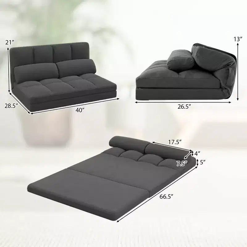 Canapé-lit de sol avec 2 oreillers, dossier réglable 6 positions, housse en velours gris foncé/gris clair