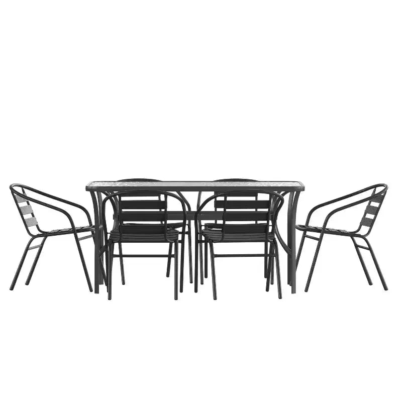 Emma and Oliver 7-Piece Patio Dining Table and Chairs Set with 60 Tempered Glass Top Table, 6 Stack Triple Slat Chairs in Black