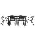 Emma and Oliver 7-Piece Patio Dining Table and Chairs Set with 60 Tempered Glass Top Table, 6 Stack Triple Slat Chairs in Black