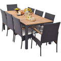 Costway 9 PCS Patio Rattan Dining Set with Acacia Wood Table, Cushions, 1.9 Umbrella Hole