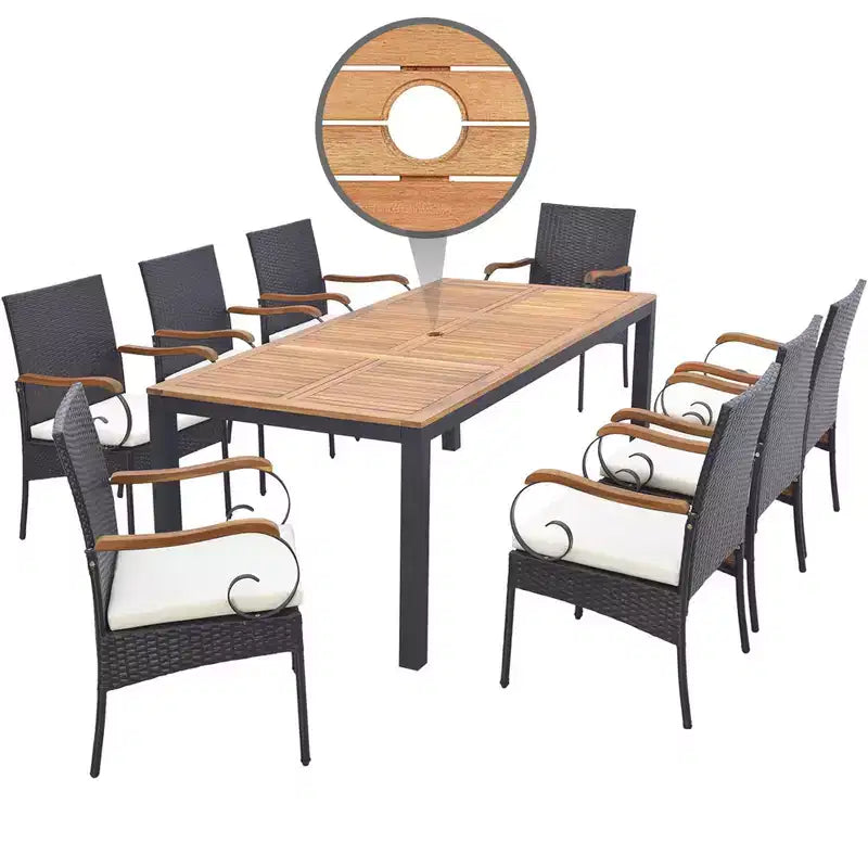 Ensemble de salle à manger Costway 9 pièces en rotin pour patio avec table en bois d'acacia, coussins, trou pour parasol de 1,9 po