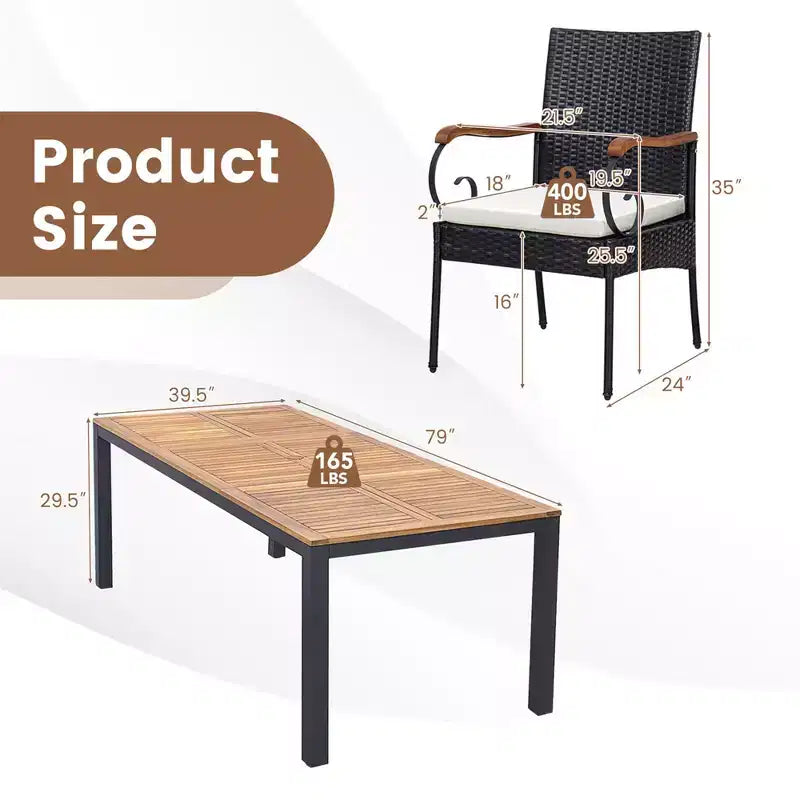 Ensemble de salle à manger Costway 9 pièces en rotin pour patio avec table en bois d'acacia, coussins, trou pour parasol de 1,9 po