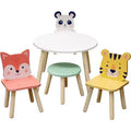 Kids Wooden Animal Table & Chair Set w 4 Seats- Tiger Panda, Fox & Adult Stool- Playroom Furniture for Home Daycare Classroom- Toddler Activity Center