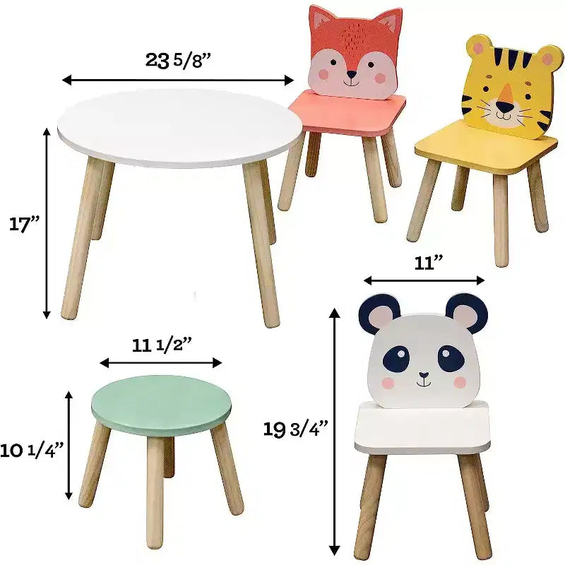 Table et chaises en bois pour enfants avec 4 sièges animaux - Tigre, panda, renard et tabouret adulte - Meubles de salle de jeux pour la maison, la garderie, la salle de classe - Centre d'activités pour tout-petits