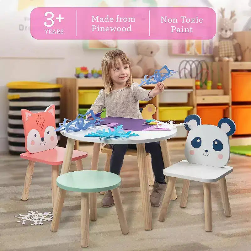 Table et chaises en bois pour enfants avec 4 sièges animaux - Tigre, panda, renard et tabouret adulte - Meubles de salle de jeux pour la maison, la garderie, la salle de classe - Centre d'activités pour tout-petits