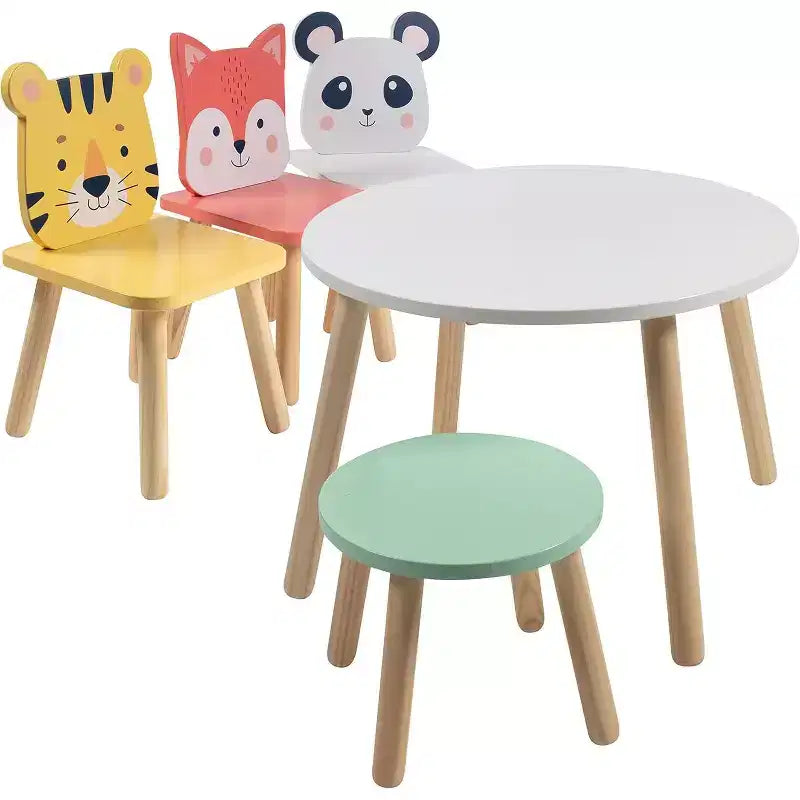 Table et chaises en bois pour enfants avec 4 sièges animaux - Tigre, panda, renard et tabouret adulte - Meubles de salle de jeux pour la maison, la garderie, la salle de classe - Centre d'activités pour tout-petits