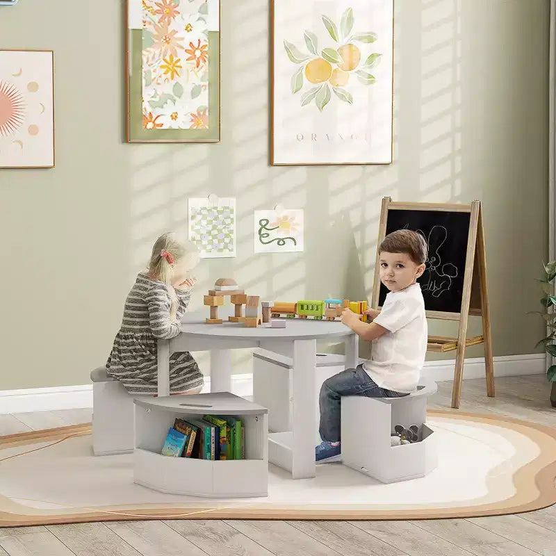 Ensemble Table et Chaises Qaba pour Enfants, Ensemble de 5 Pièces avec Rangement pour Table et Chaises pour Tout-Petits, Idéal pour l'Art, l'Artisanat, le Dessin, la Salle de Jeux, la Salle de Classe, la Crèche
