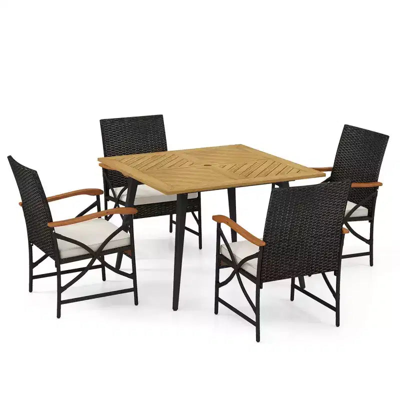 Costway Ensemble de salle à manger 5 pièces en rotin synthétique avec table et chaises, coussins et trou de parasol de 1,9 po