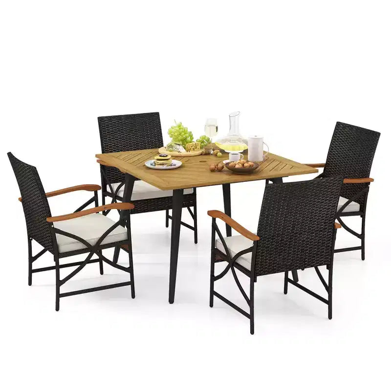Costway Ensemble de salle à manger 5 pièces en rotin synthétique avec table et chaises, coussins et trou de parasol de 1,9 po