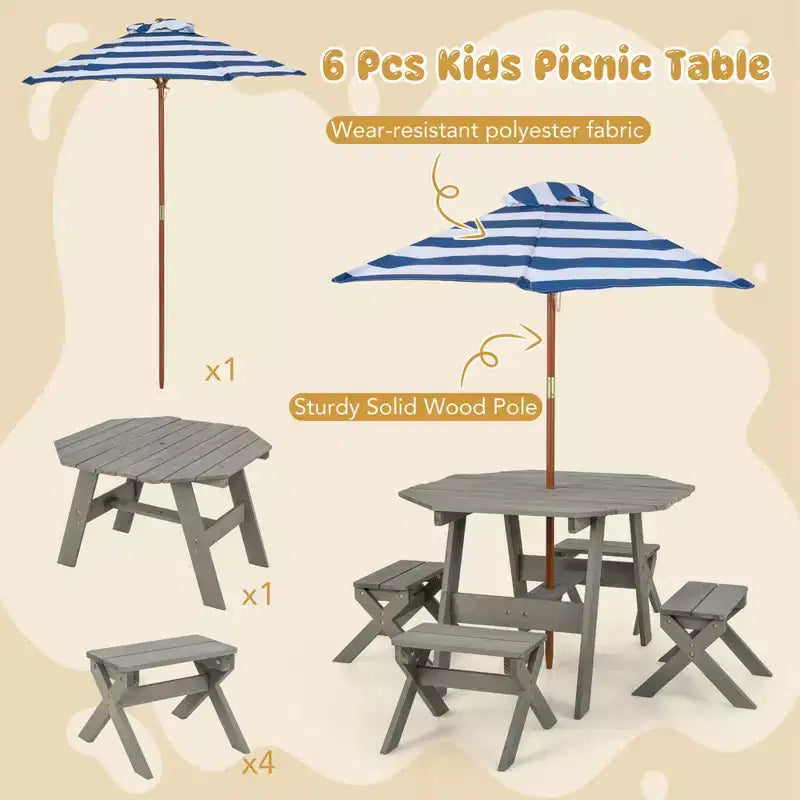 Costway Table et Chaises en Bois pour Enfants avec Table Octogonale, 4 Tabourets et Parasol Amovible et Réglable Gris/Naturel
