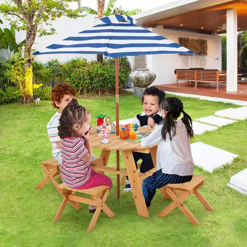 Costway Table et Chaises en Bois pour Enfants avec Table Octogonale, 4 Tabourets et Parasol Amovible et Réglable Gris/Naturel