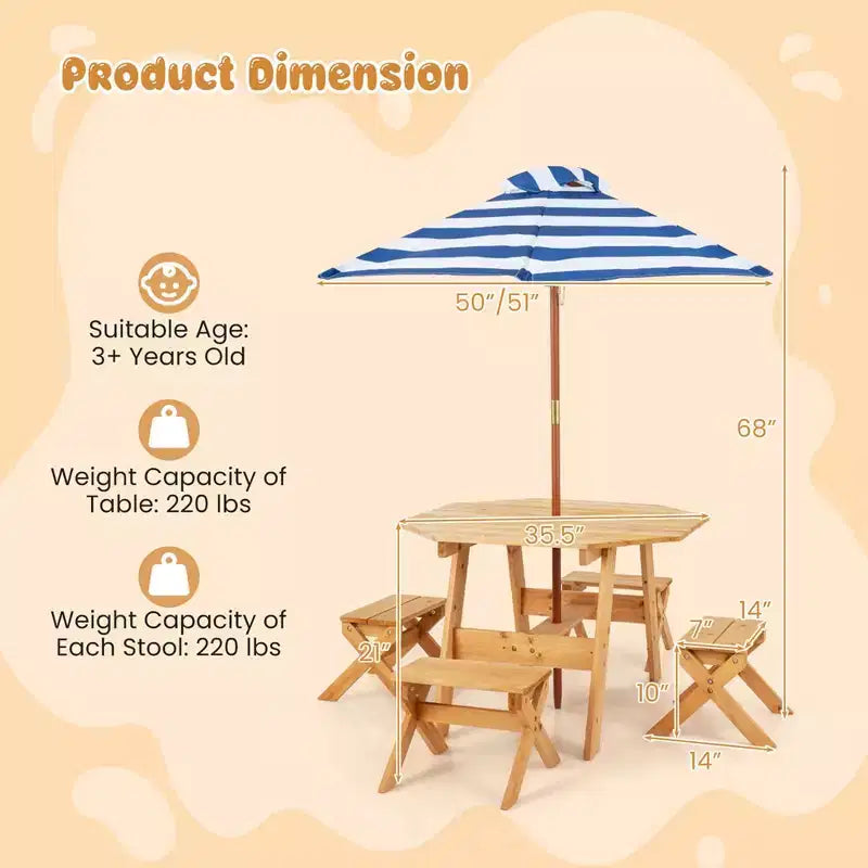 Costway Table et Chaises en Bois pour Enfants avec Table Octogonale, 4 Tabourets et Parasol Amovible et Réglable Gris/Naturel