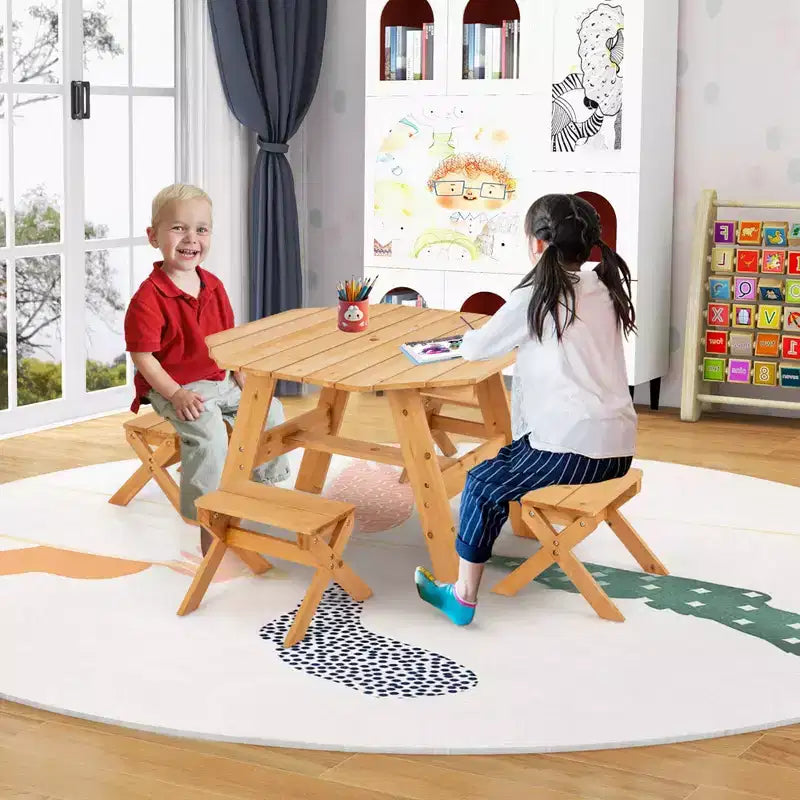Costway Table et Chaises en Bois pour Enfants avec Table Octogonale, 4 Tabourets et Parasol Amovible et Réglable Gris/Naturel