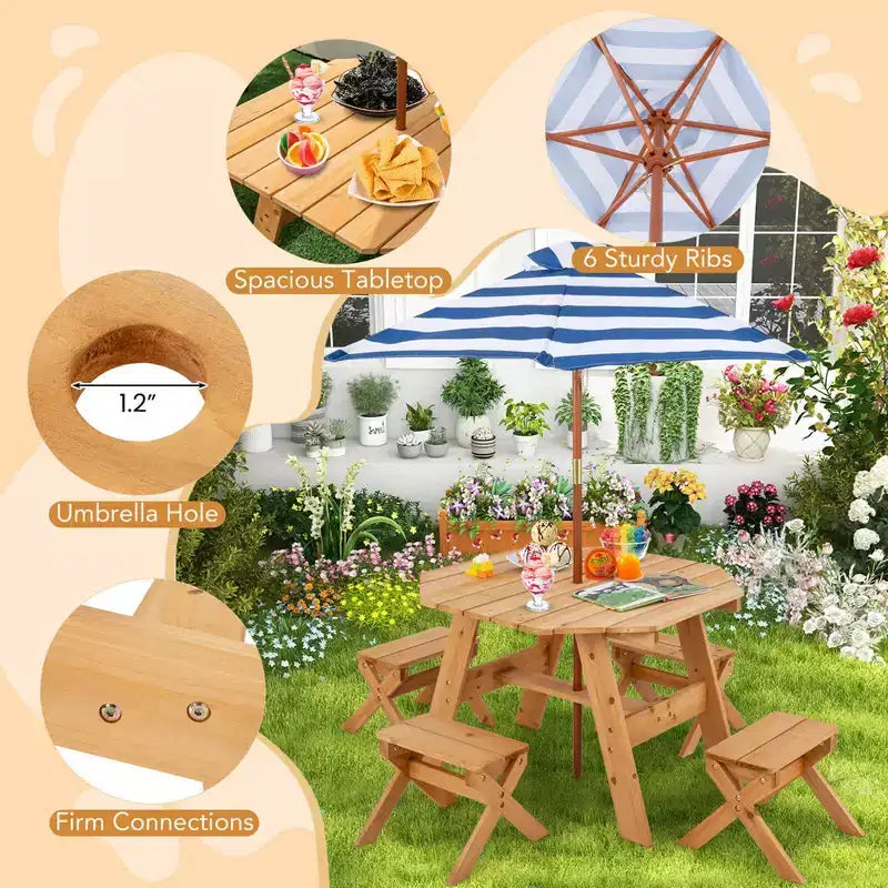 Costway Table et Chaises en Bois pour Enfants avec Table Octogonale, 4 Tabourets et Parasol Amovible et Réglable Gris/Naturel