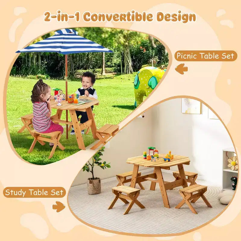 Costway Table et Chaises en Bois pour Enfants avec Table Octogonale, 4 Tabourets et Parasol Amovible et Réglable Gris/Naturel