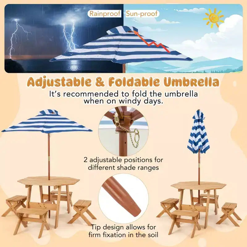 Costway Table et Chaises en Bois pour Enfants avec Table Octogonale, 4 Tabourets et Parasol Amovible et Réglable Gris/Naturel