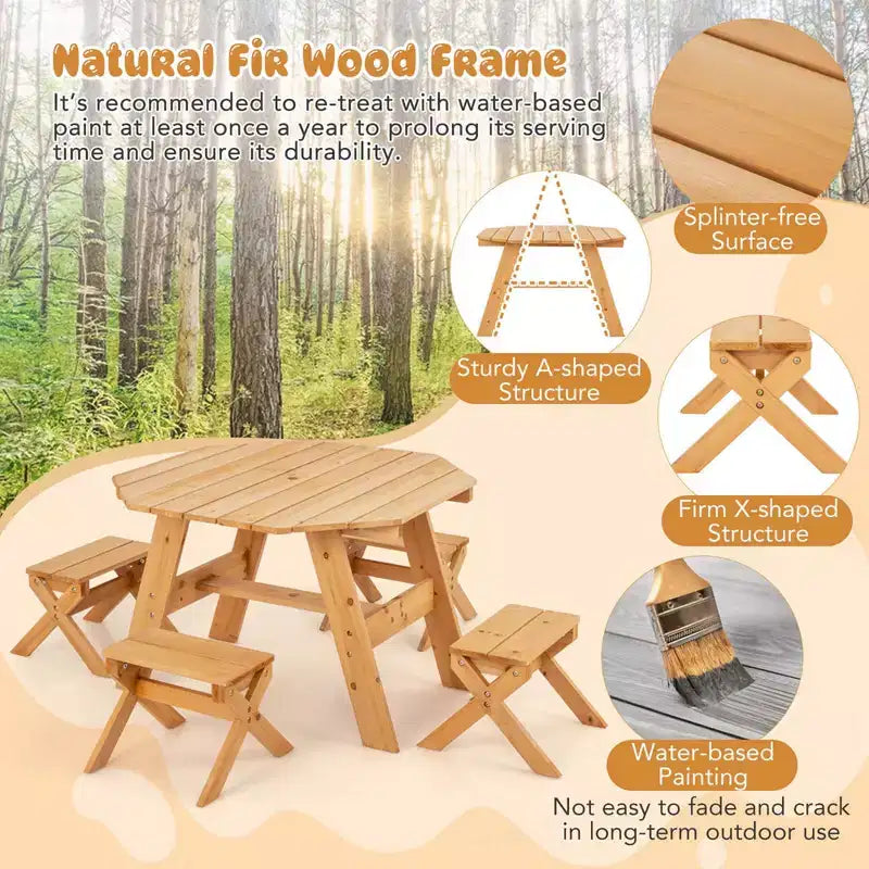 Costway Table et Chaises en Bois pour Enfants avec Table Octogonale, 4 Tabourets et Parasol Amovible et Réglable Gris/Naturel