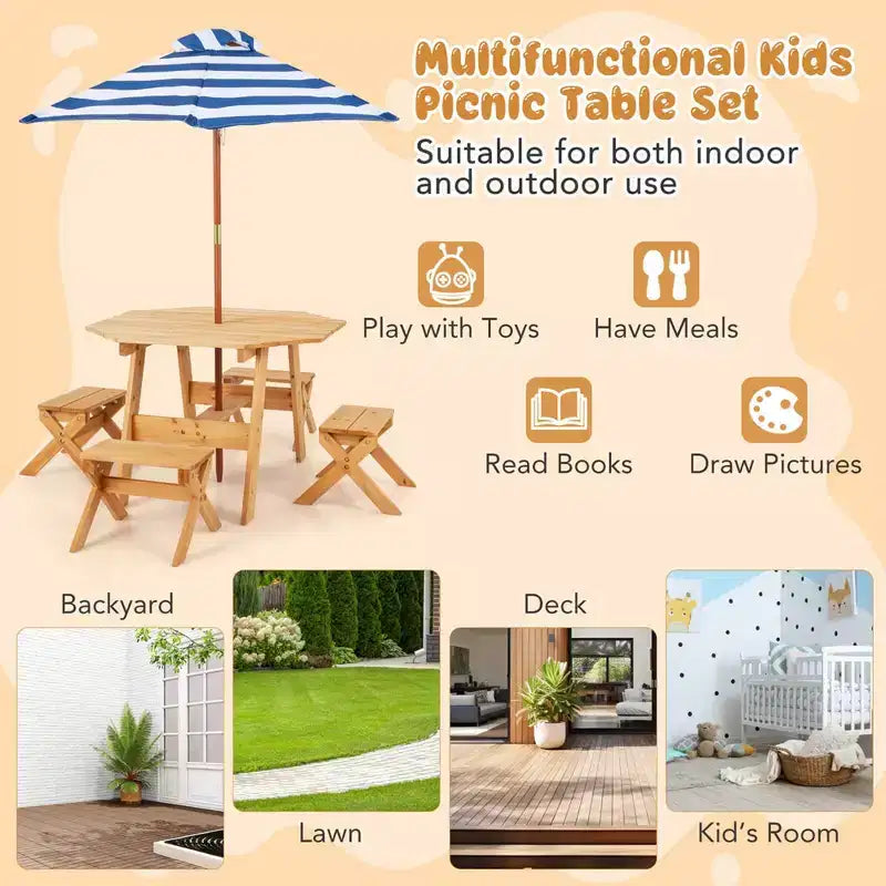 Costway Table et Chaises en Bois pour Enfants avec Table Octogonale, 4 Tabourets et Parasol Amovible et Réglable Gris/Naturel