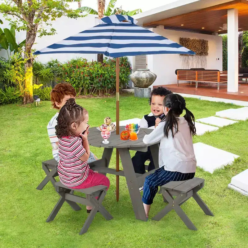 Costway Table et Chaises en Bois pour Enfants avec Table Octogonale, 4 Tabourets et Parasol Amovible et Réglable Gris/Naturel