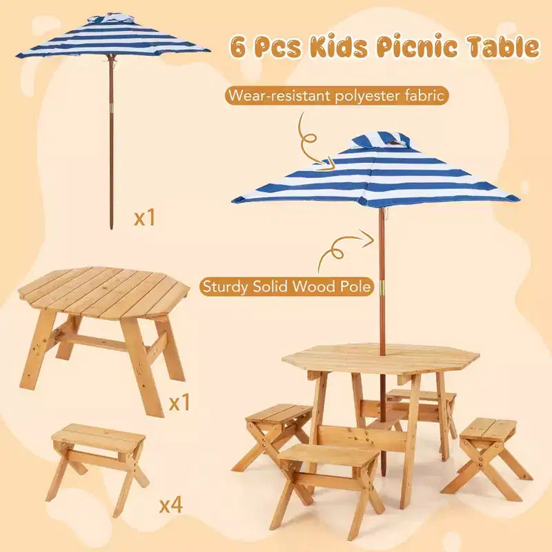 Costway Table et Chaises en Bois pour Enfants avec Table Octogonale, 4 Tabourets et Parasol Amovible et Réglable Gris/Naturel