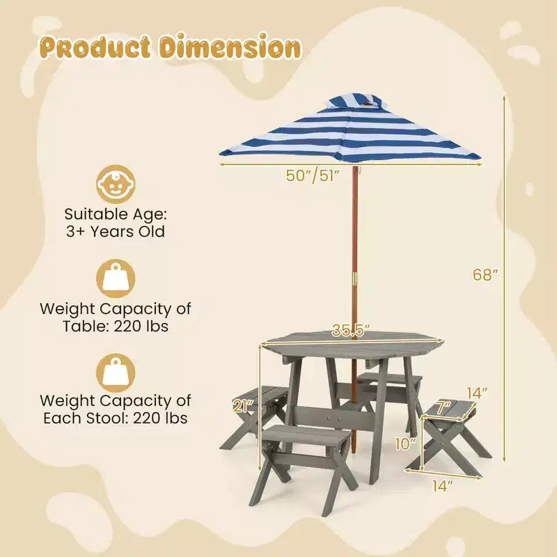 Costway Table et Chaises en Bois pour Enfants avec Table Octogonale, 4 Tabourets et Parasol Amovible et Réglable Gris/Naturel