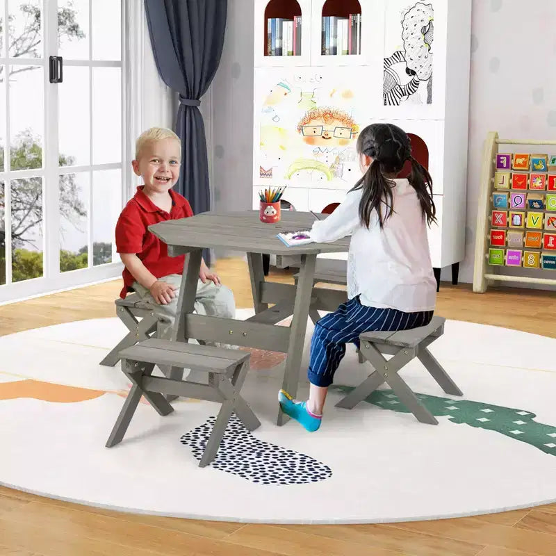 Costway Table et Chaises en Bois pour Enfants avec Table Octogonale, 4 Tabourets et Parasol Amovible et Réglable Gris/Naturel