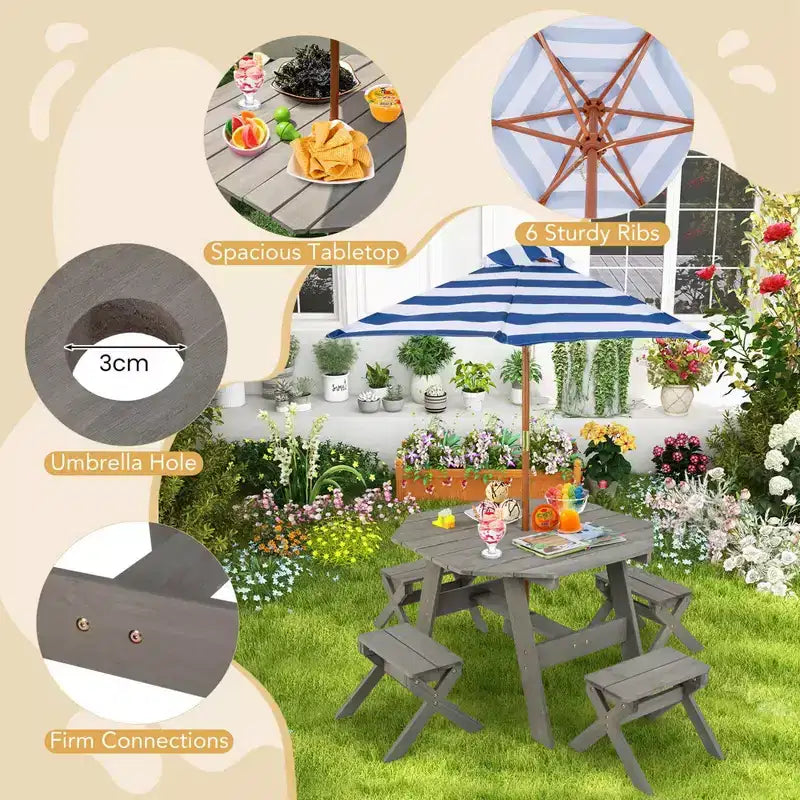 Costway Table et Chaises en Bois pour Enfants avec Table Octogonale, 4 Tabourets et Parasol Amovible et Réglable Gris/Naturel