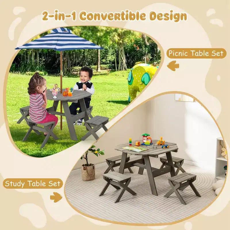 Costway Table et Chaises en Bois pour Enfants avec Table Octogonale, 4 Tabourets et Parasol Amovible et Réglable Gris/Naturel