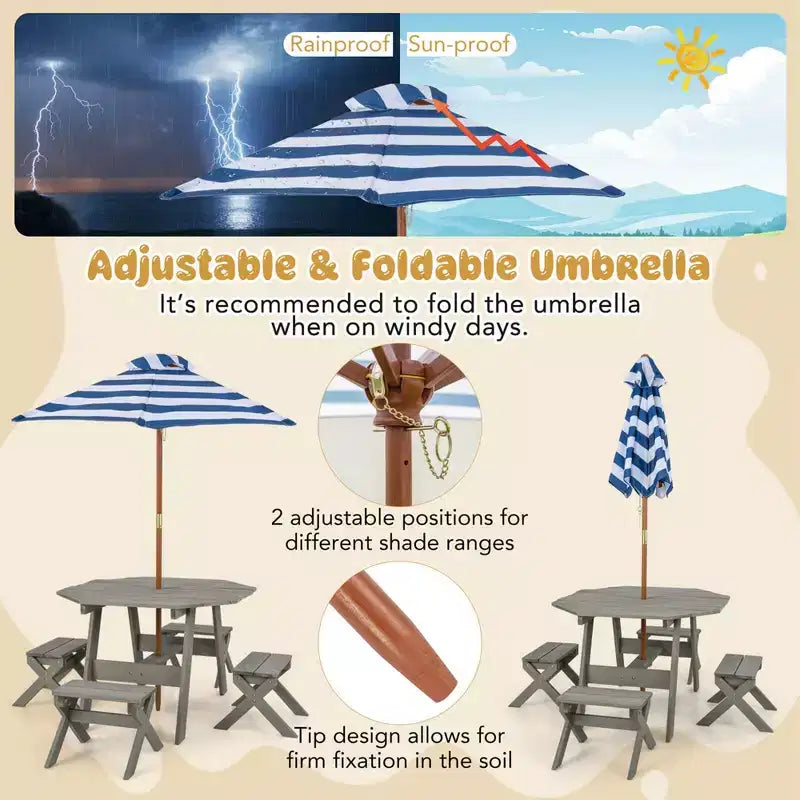 Costway Table et Chaises en Bois pour Enfants avec Table Octogonale, 4 Tabourets et Parasol Amovible et Réglable Gris/Naturel