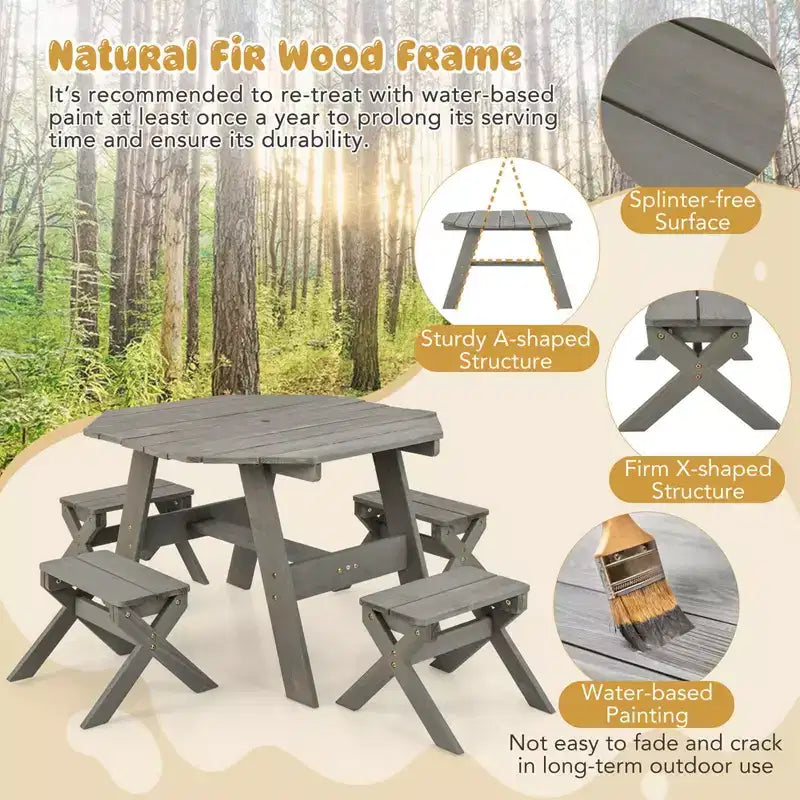 Costway Table et Chaises en Bois pour Enfants avec Table Octogonale, 4 Tabourets et Parasol Amovible et Réglable Gris/Naturel