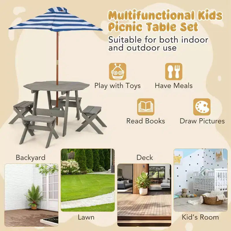 Costway Table et Chaises en Bois pour Enfants avec Table Octogonale, 4 Tabourets et Parasol Amovible et Réglable Gris/Naturel
