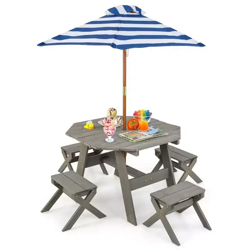 Costway Kids Wooden Table Set with Octagon Table 4 Stools & Removable Adjustable Umbrella Grey/Natural