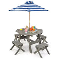 Costway Kids Wooden Table Set with Octagon Table 4 Stools & Removable Adjustable Umbrella Grey/Natural
